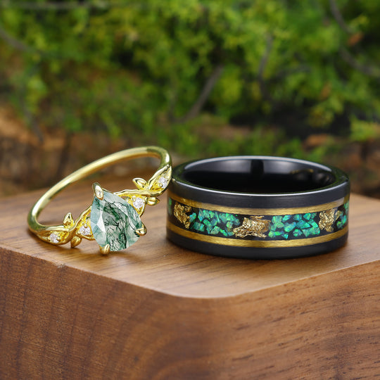 Pear Cut Natural Green Moss Agate Couple Rings Leaf Branch Rings For Him And Her