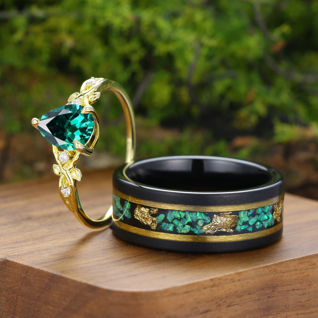 Anelli Coppia Rametto di Foglia di Smeraldo Verde Anelli Coordinati Verdi per Donna e Uomo