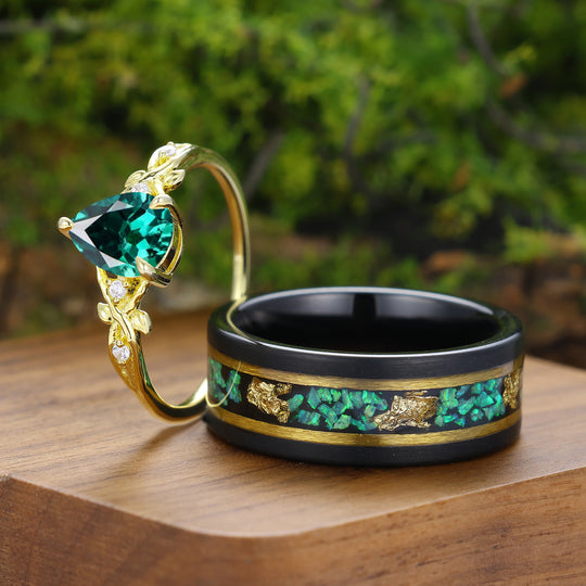 Anelli Coppia Rametto di Foglia di Smeraldo Verde Anelli Coordinati Verdi per Donna e Uomo