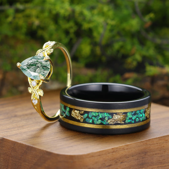 Pear Cut Natural Green Moss Agate Couple Rings Leaf Branch Rings For Him And Her
