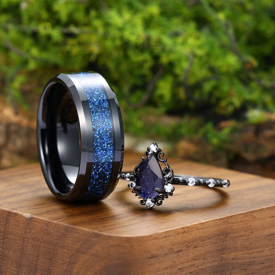 Anillos de compromiso para pareja Aglisten Galaxy Sandstone Vines, anillo de tungsteno azul a juego para él y ella