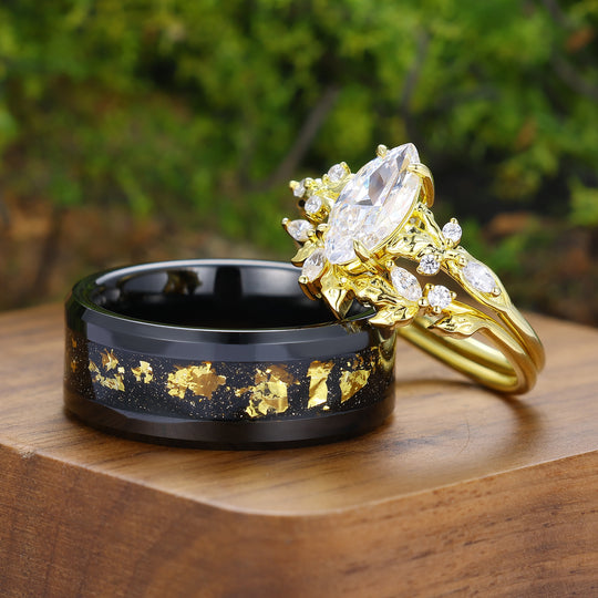 Vintage Marquise Cut Leafy Moissanite Matching Ring Set Unique Nature Inspired Couple Rings