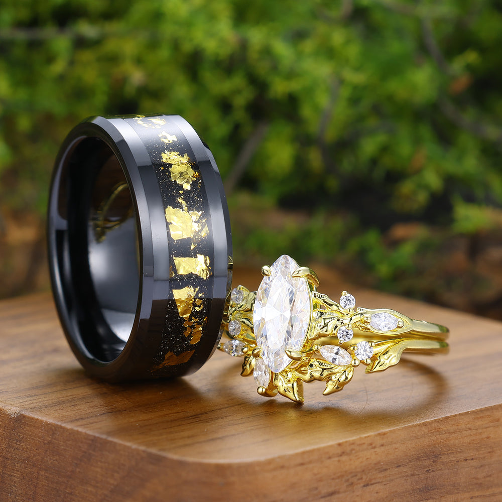 Vintage Marquise Cut Leafy Moissanite Matching Ring Set Unique Nature Inspired Couple Rings