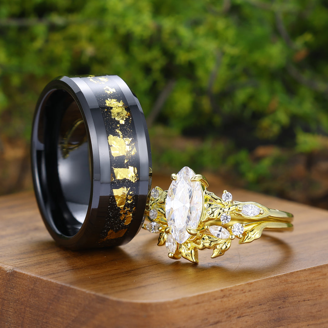 Vintage Marquise Cut Leafy Moissanite Matching Ring Set Unique Nature Inspired Couple Rings