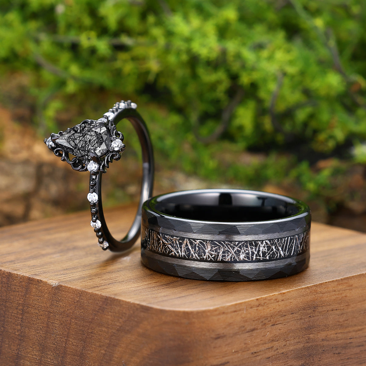 Gorgeous Black Rutilated Quartz Vines Engagement Couple Rings