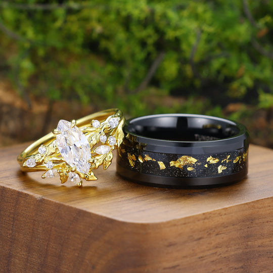 Vintage Marquise Cut Leafy Moissanite Matching Ring Set Unique Nature Inspired Couple Rings
