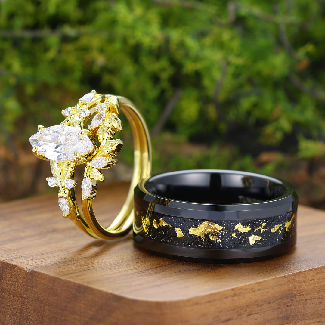 Vintage Marquise Cut Leafy Moissanite Matching Ring Set Unique Nature Inspired Couple Rings