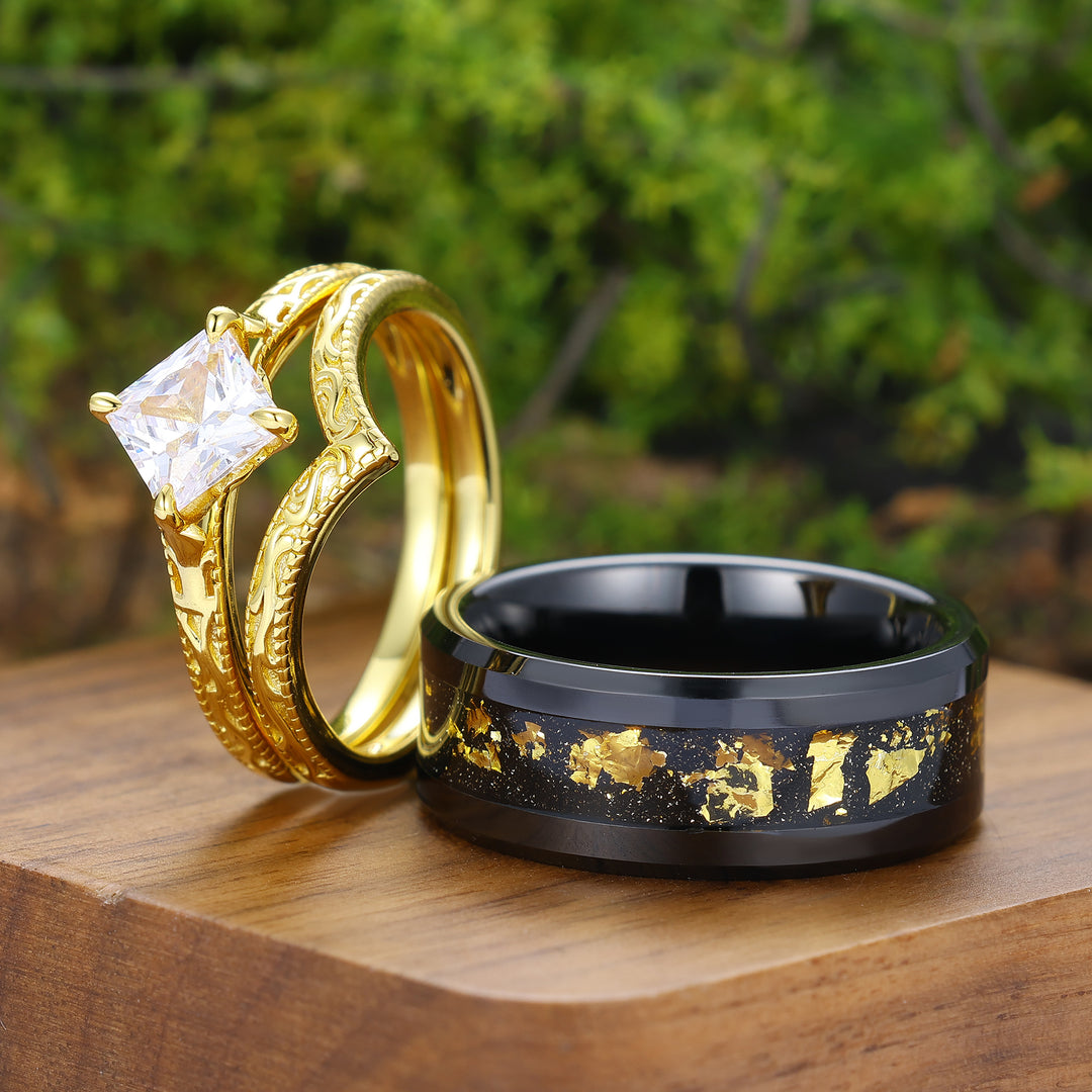 Solitaire Square Cut Moissanite Ring Set Baroque-inspired Scrollwork Engraved Couple Rings