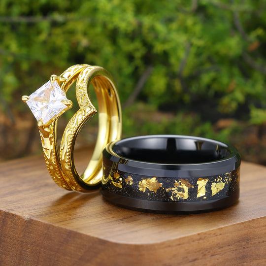 Solitaire Square Cut Moissanite Ring Set Baroque-inspired Scrollwork Engraved Couple Rings