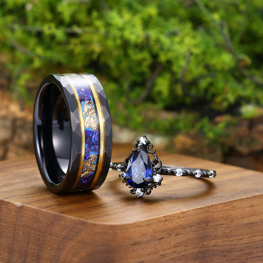 Bodas de Filigrana Noble con Zafiro para Él y Ella Anillos de Tungsteno Azul Únicos a Juego para Parejas Cumpleaños