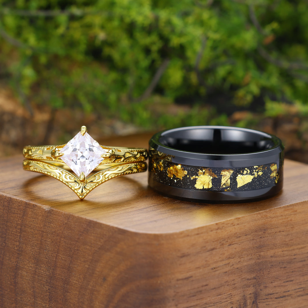 Solitaire Square Cut Moissanite Ring Set Baroque-inspired Scrollwork Engraved Couple Rings