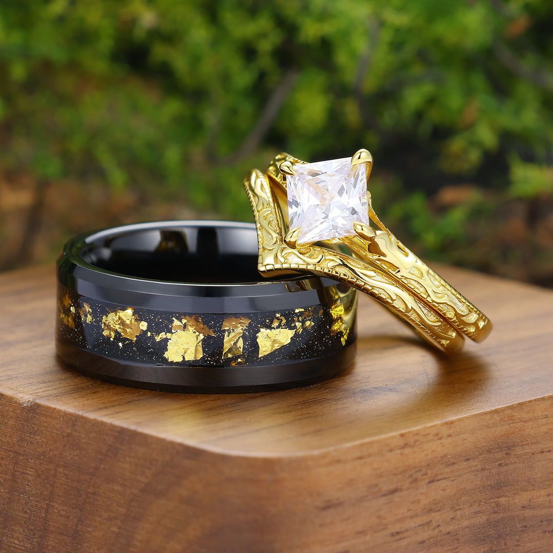 Solitaire Square Cut Moissanite Ring Set Baroque-inspired Scrollwork Engraved Couple Rings