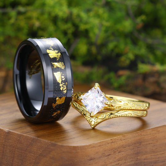 Solitaire Square Cut Moissanite Ring Set Baroque-inspired Scrollwork Engraved Couple Rings