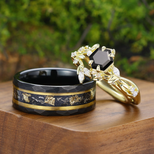 Exquis ensemble de bagues pour couple en onyx noir d'inspiration naturelle, design unique en forme de feuille, bagues pour lui et pour elle