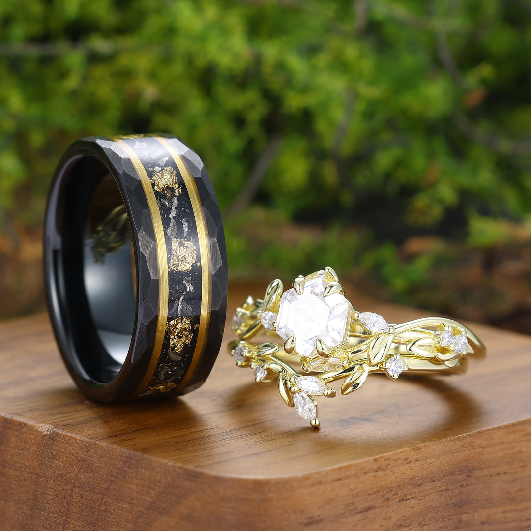 Prachtige takblad-moissaniet set voor koppels - bijpassende ringen in geelgoud, zilver en wolfraam