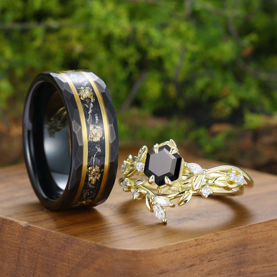 Exquis ensemble de bagues pour couple en onyx noir d'inspiration naturelle, design unique en forme de feuille, bagues pour lui et pour elle