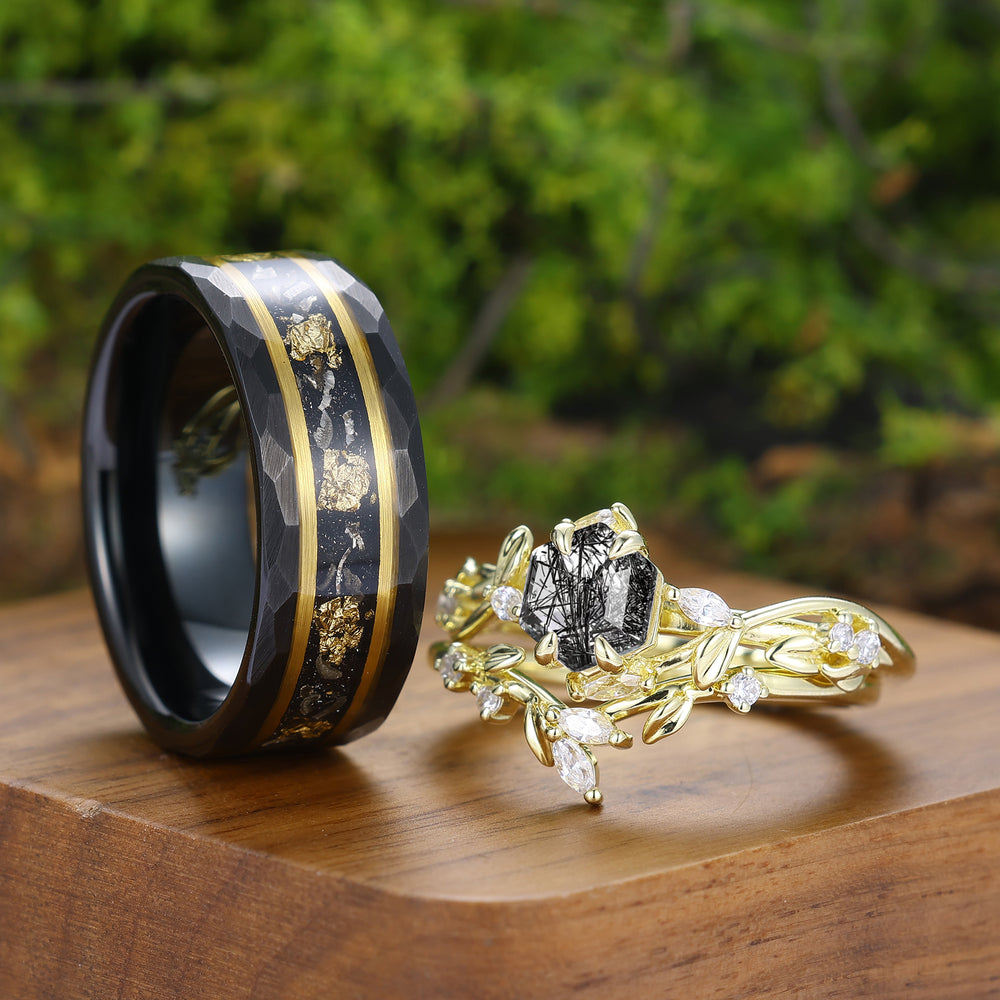 Danity Leaf Design Set di Anelli Coppia in Quarzo Rutilato Nero Anelli Unici Placcati Oro per Lui e per Lei