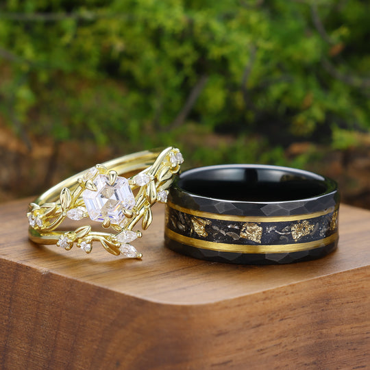 Prachtige takblad-moissaniet set voor koppels - bijpassende ringen in geelgoud, zilver en wolfraam