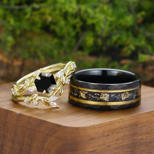 Exquis ensemble de bagues pour couple en onyx noir d'inspiration naturelle, design unique en forme de feuille, bagues pour lui et pour elle