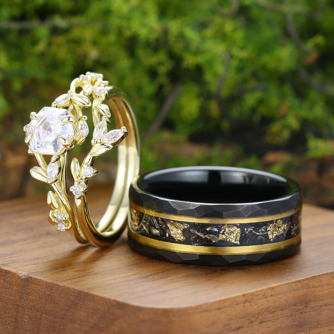 Prachtige takblad-moissaniet set voor koppels - bijpassende ringen in geelgoud, zilver en wolfraam