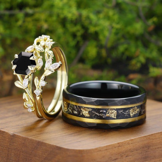 Exquis ensemble de bagues pour couple en onyx noir d'inspiration naturelle, design unique en forme de feuille, bagues pour lui et pour elle