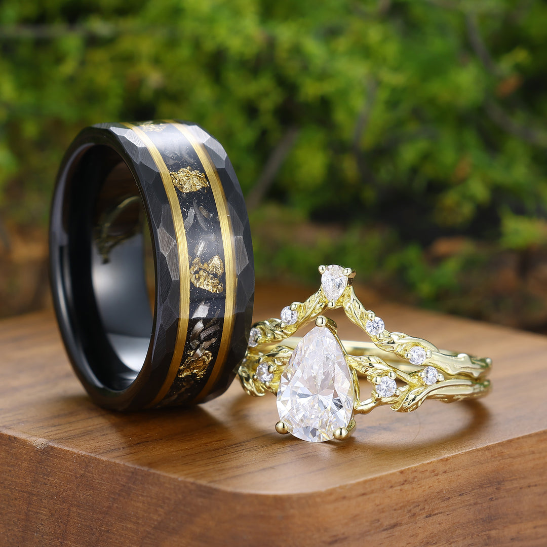 Conjunto de Anillos de Pareja con Diseño de Rama de Hoja de Moissanita Chapado en Oro Amarillo Anillos de Matrimonio para Él y para Ella