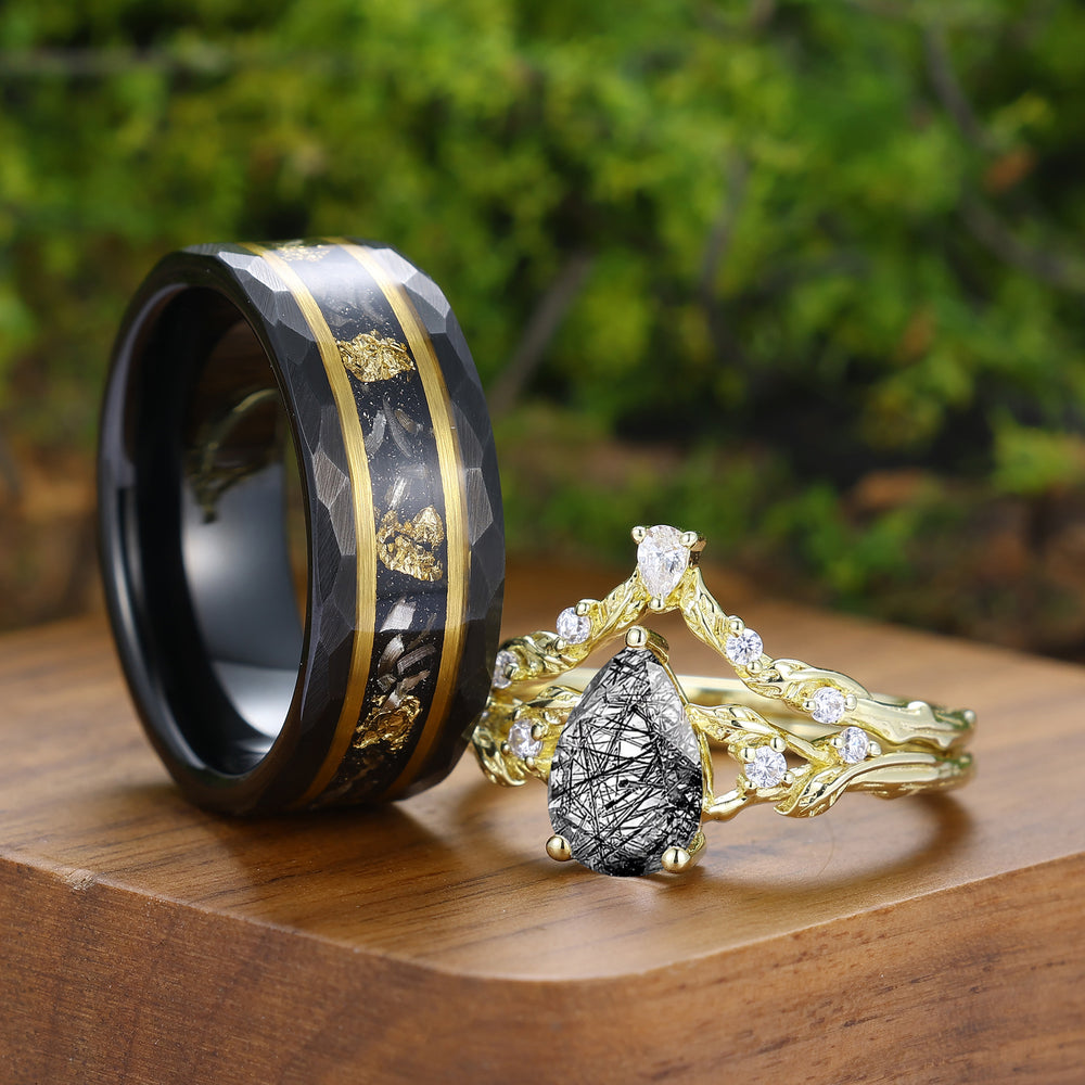 Set di Anelli Coppia Incisi a Forma di Foglia con Quarzo Rutilato Nero Naturale per Uomo e Donna