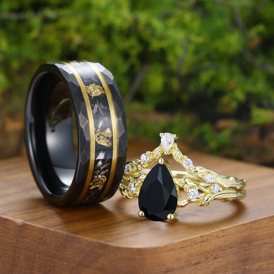 Leaf-inspired Natural Black Onyx Couple Ring Set Brilliant Gold Plated Rings For Him And Her