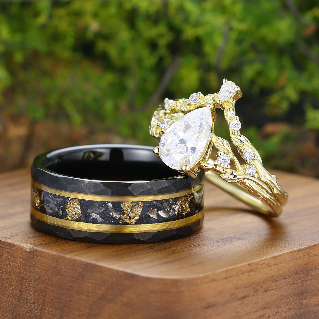 Conjunto de Anillos de Pareja con Diseño de Rama de Hoja de