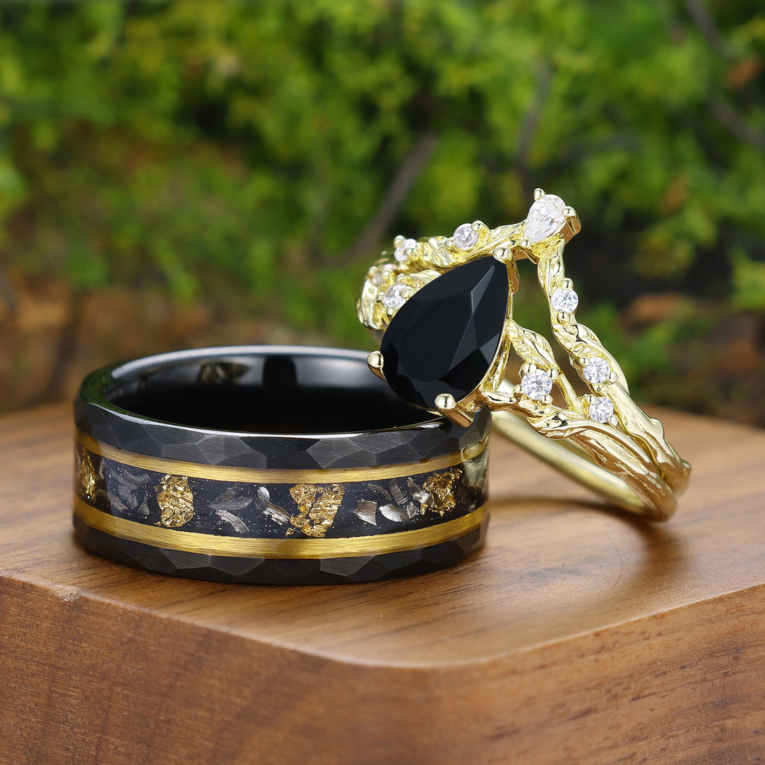 Leaf-inspired Natural Black Onyx Couple Ring Set Brilliant Gold Plated Rings For Him And Her