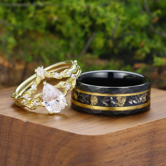 Conjunto de Anillos de Pareja con Diseño de Rama de Hoja de Moissanita Chapado en Oro Amarillo Anillos de Matrimonio para Él y para Ella