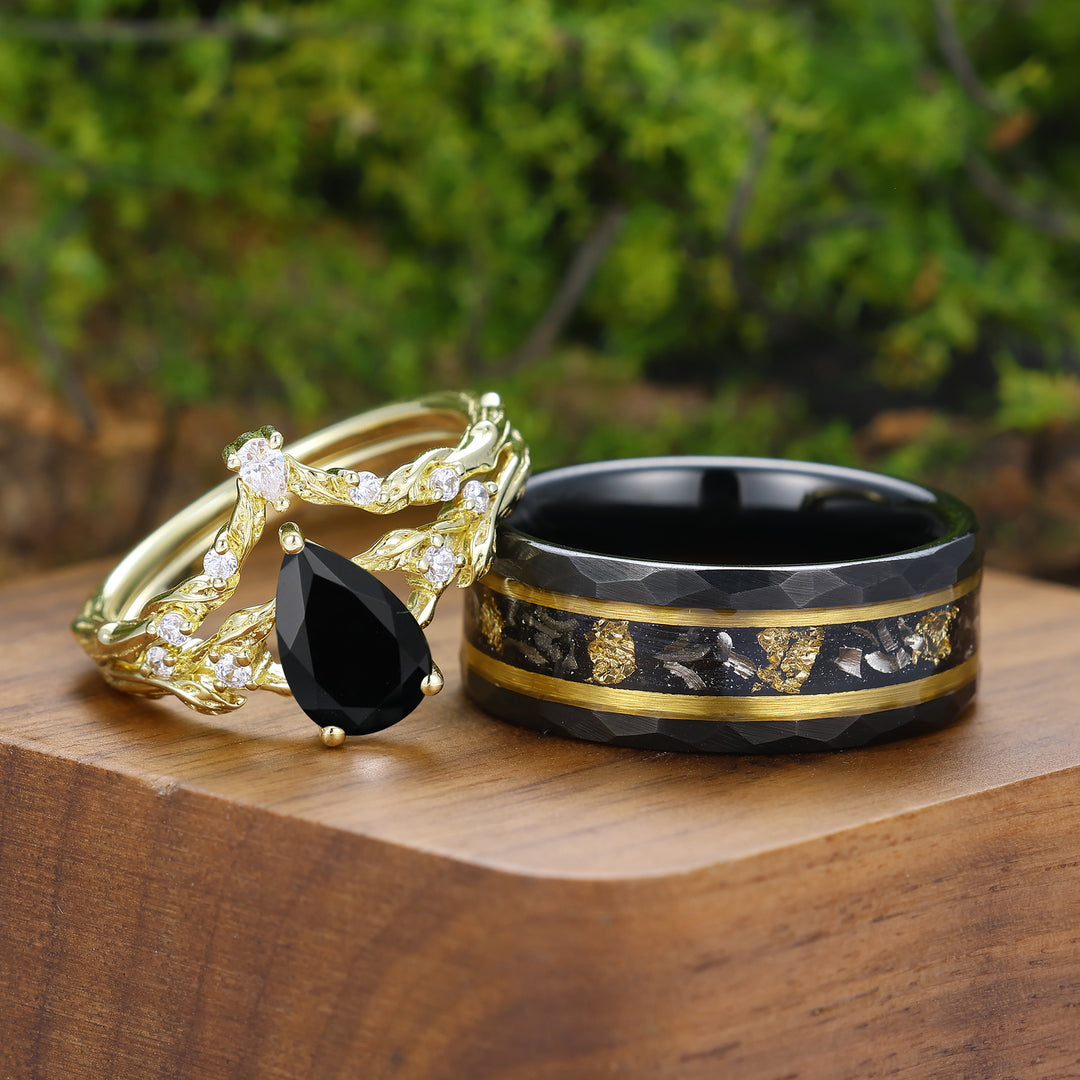 Leaf-inspired Natural Black Onyx Couple Ring Set Brilliant Gold Plated Rings For Him And Her