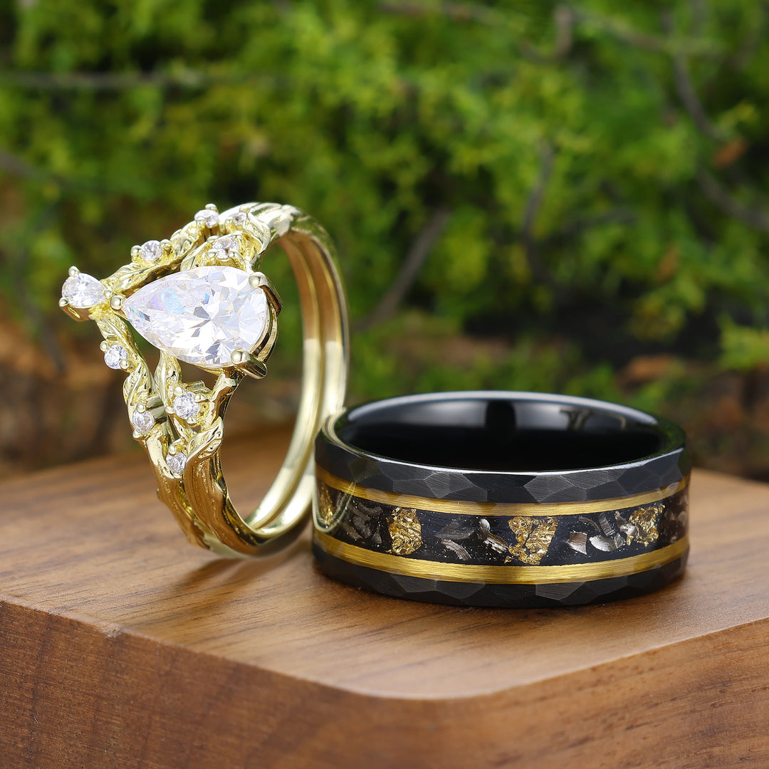 Conjunto de Anillos de Pareja con Diseño de Rama de Hoja de Moissanita Chapado en Oro Amarillo Anillos de Matrimonio para Él y para Ella