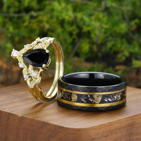 Leaf-inspired Natural Black Onyx Couple Ring Set Brilliant Gold Plated Rings For Him And Her