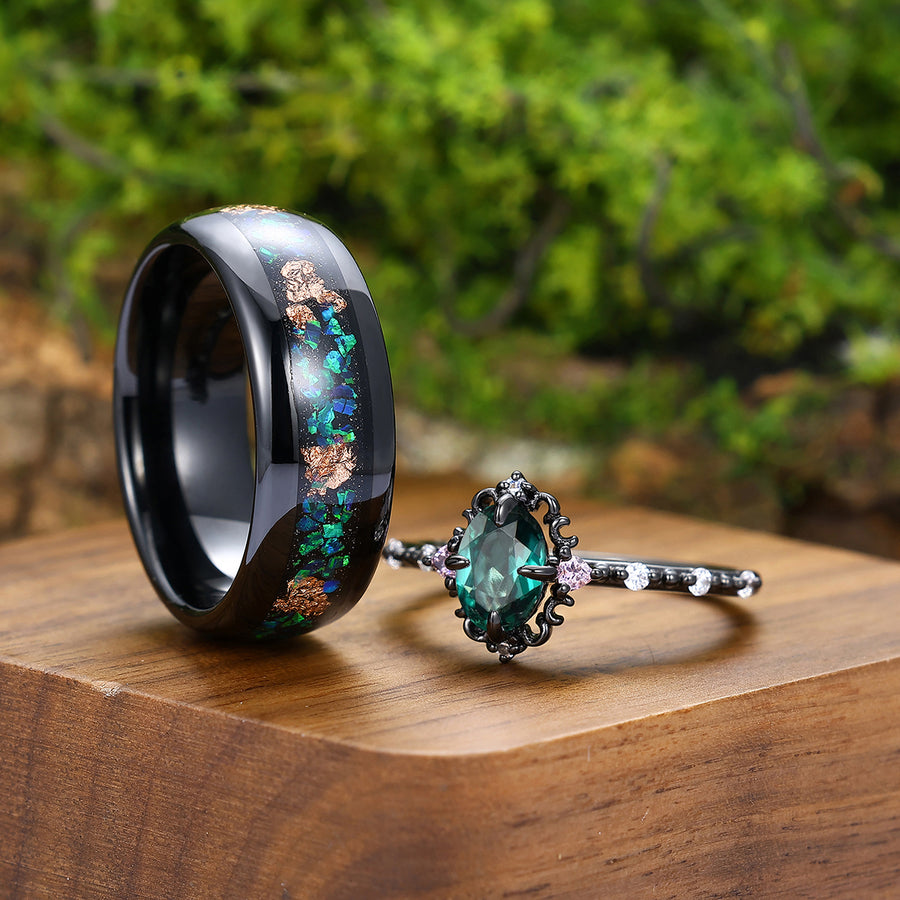 Oval Cut Emerald Filigreed Engagement Couple Rings Matching Promise Polished Dome Tungsten Rings.