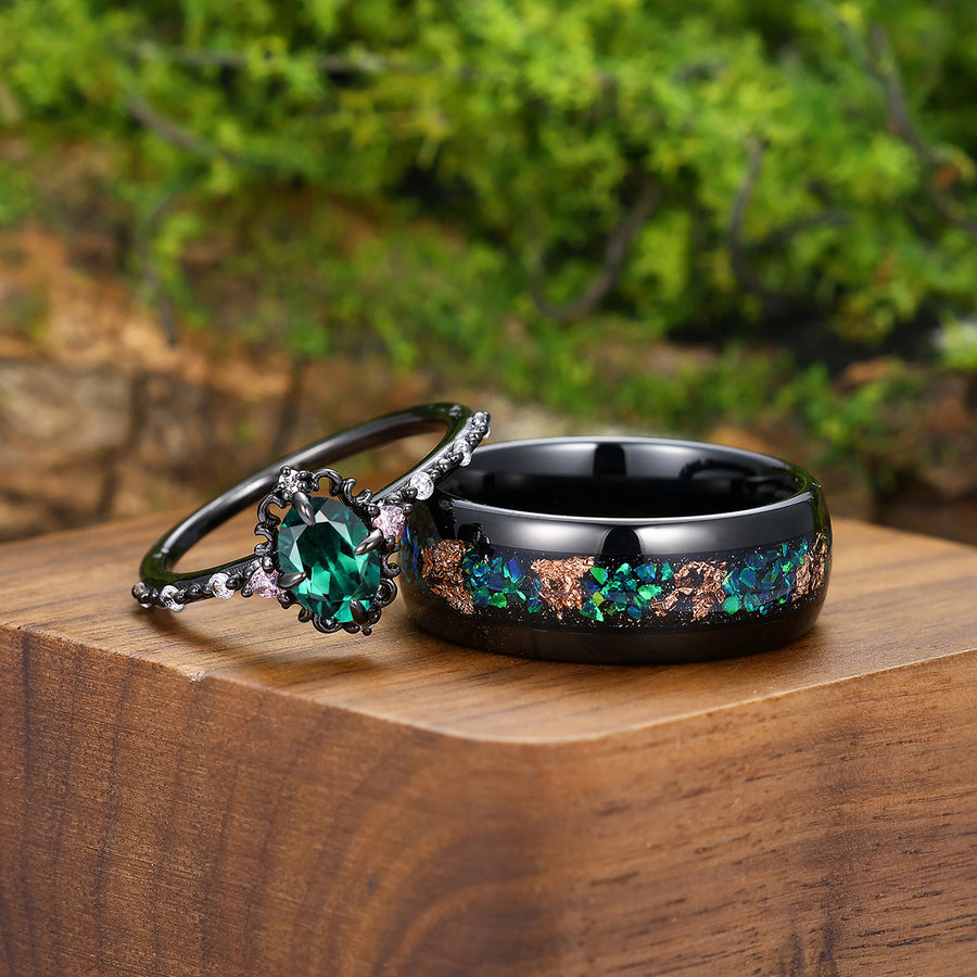 Oval Cut Emerald Filigreed Engagement Couple Rings Matching Promise Polished Dome Tungsten Rings.