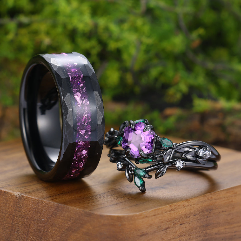 Vintage Hexagon Shape Natural Amethyst Couple Rings Twig Leafy Ring Set For Him For Her