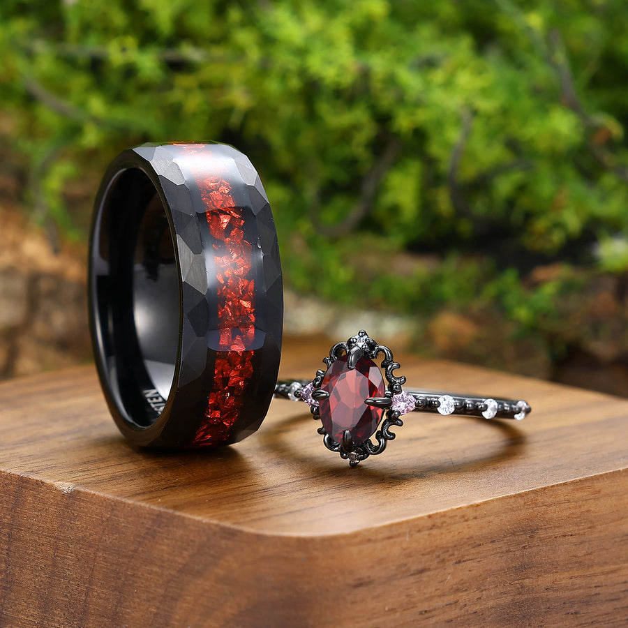 Exquisite Red Garnet Filigreed Engagement Rings For Couples Matching Black Red Promise Anniversary Rings.