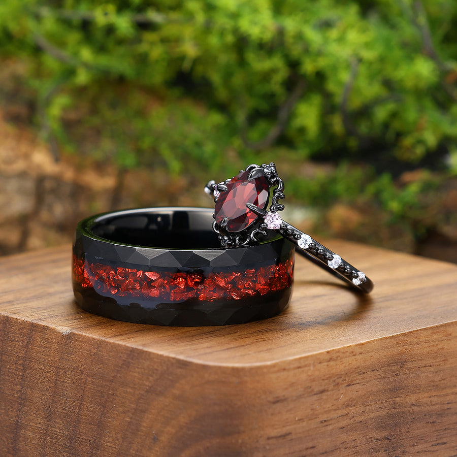 Exquisite Red Garnet Filigreed Engagement Rings For Couples Matching Black Red Promise Anniversary Rings.