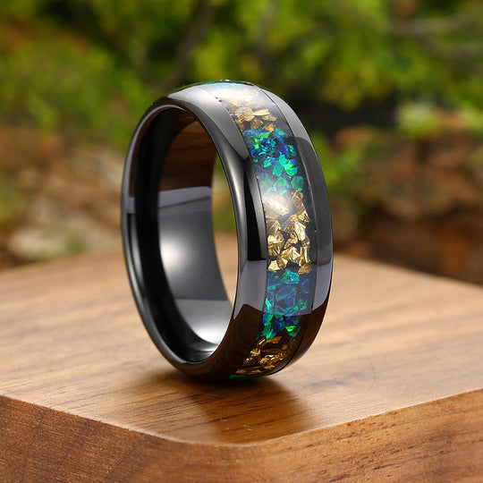 Stylish Peacock Green Opal Citrine Mens Tungsten Carbide Ring 8mm Black Tungsten Wedding Band