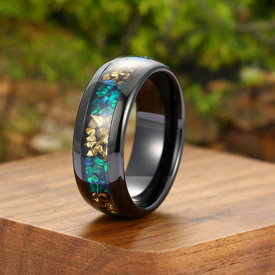 Stylish Peacock Green Opal Citrine Mens Tungsten Carbide Ring 8mm Black Tungsten Wedding Band