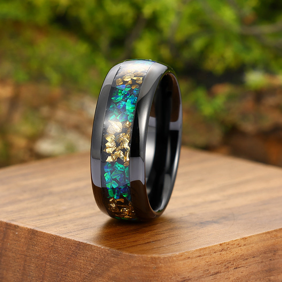 Stylish Peacock Green Opal Citrine Mens Tungsten Carbide Ring 8mm Black Tungsten Wedding Band