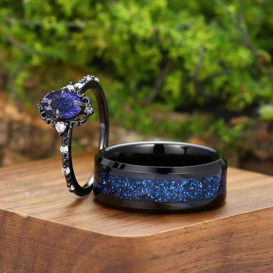 Sparkling Galaxy Sandstone Vines Engagement Couple Rings Matching Shining Blue Sandstone Tungsten Rings.