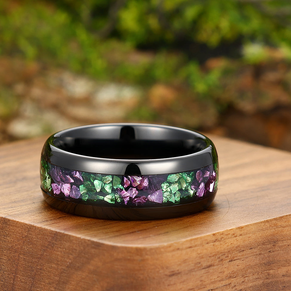 Two-tone Amethyst And Emerald Inlay Tungsten Carbide Mens Ring 8mm