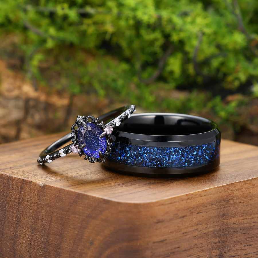 Sparkling Galaxy Sandstone Vines Engagement Couple Rings Matching Shining Blue Sandstone Tungsten Rings.