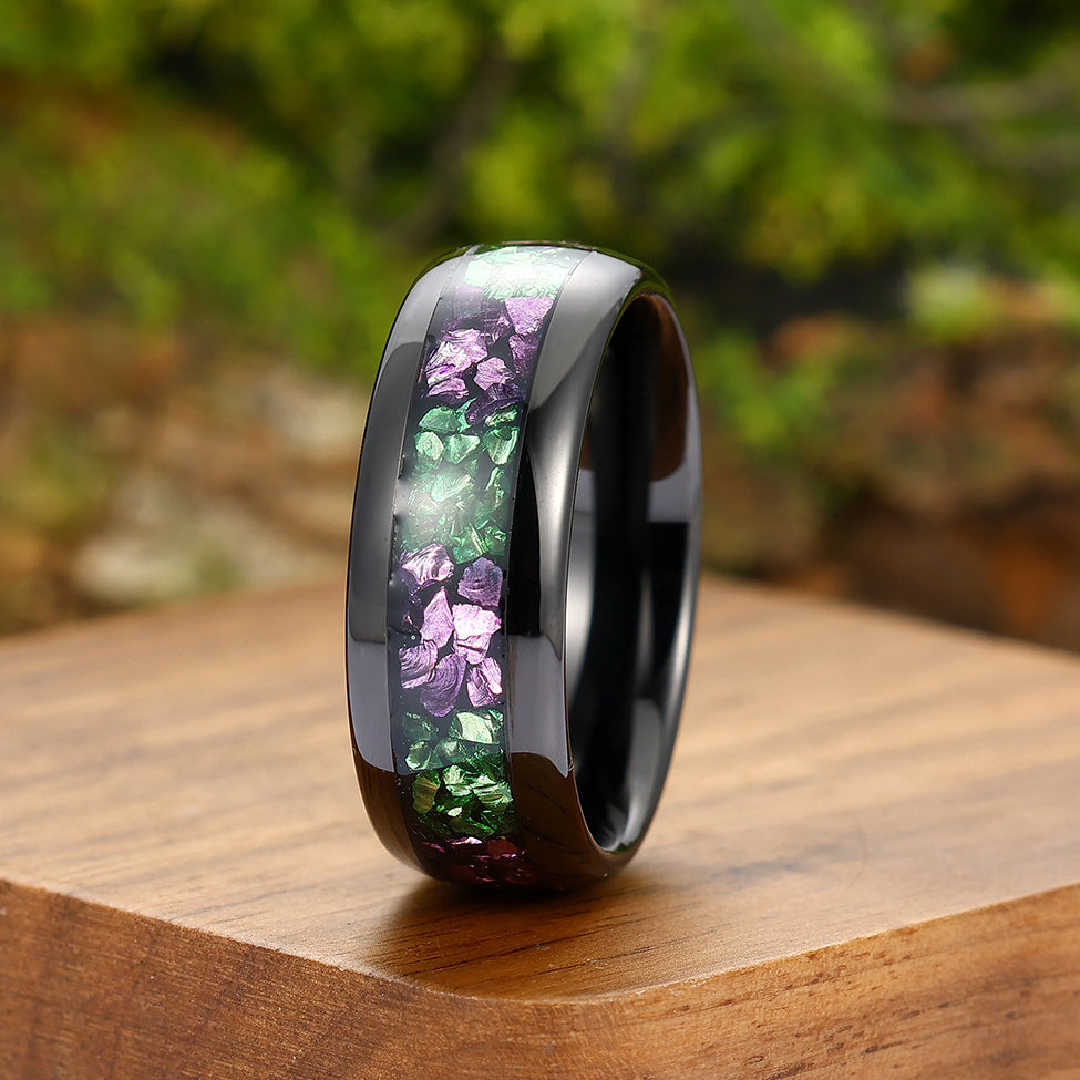 Two-tone Amethyst And Emerald Inlay Tungsten Carbide Mens Ring 8mm Wedding Band Anniversary Women Ring