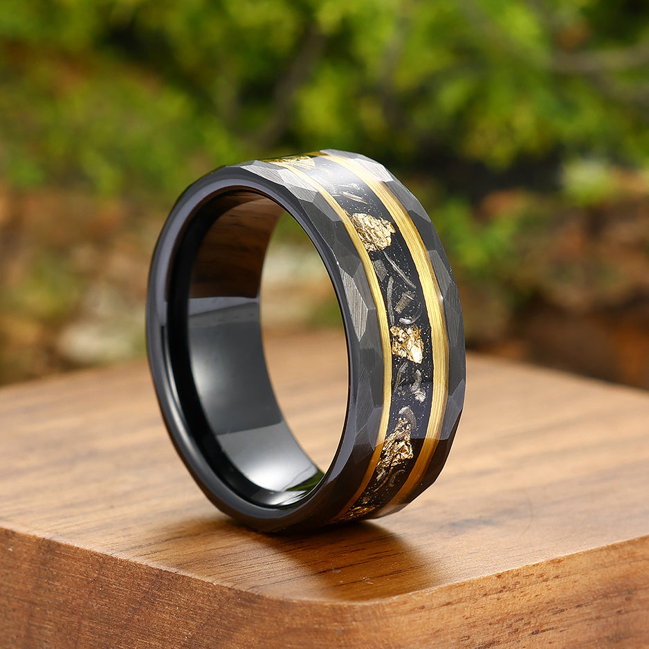 Black Meteorite Gold Foil Tungsten Mens Wedding Ring 8mm Hammer Promise Wedding Band