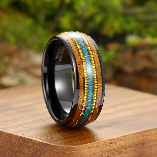 Double Barrel Wood 3A Blue Opal Double Guitar String Men's Tungsten Ring Unisex Wedding Band