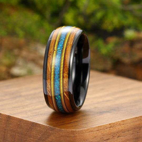 Double Barrel Wood 3A Blue Opal Double Guitar String Men's Tungsten Ring Unisex Wedding Band