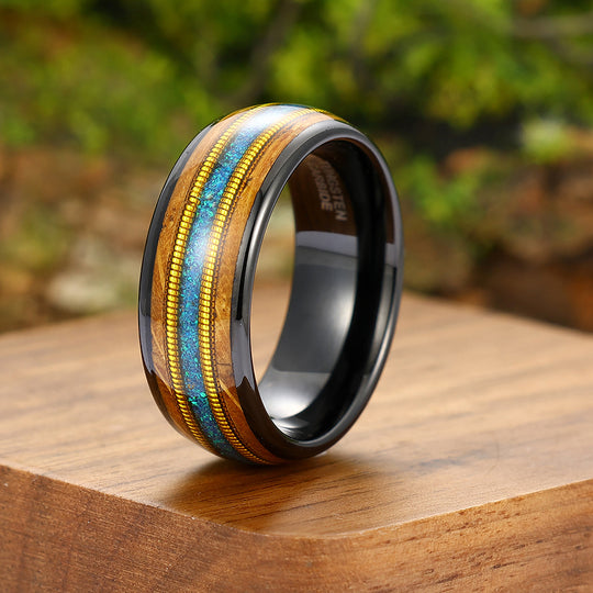 Double Barrel Wood 3A Blue Opal Double Guitar String Men's Tungsten Ring Unisex Wedding Band